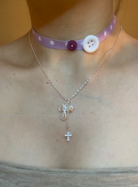古早淡紫~波点纽扣choker颈链女少女纯欲颈带日系小众布艺锁骨链