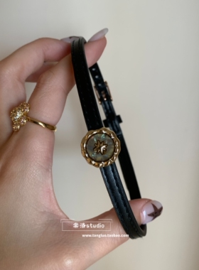 中古颈带 星芒贝母吊坠choker颈链黑色皮革项圈暗黑朋克风锁骨链