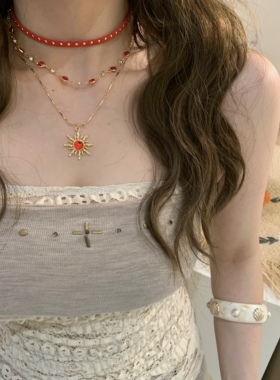 棠洛｜原创红色麂皮choker叠戴太阳吊坠锁骨链女波西米亚风项链潮