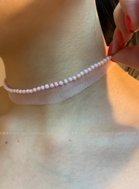 粉色珠光钉珠 网纱choker颈链辣妹复古锁骨链小众个性洛丽塔颈带