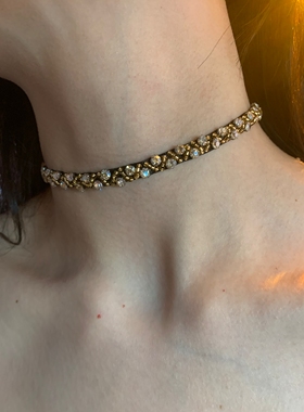 古着碎钻款咖色美拉德choker颈链女波西米亚废土风锁骨链高级感潮