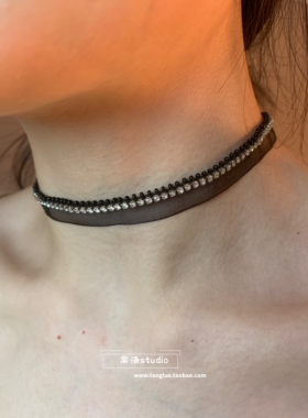 棠洛 黑色闪钻裙摆choker颈链女网纱布艺项圈辣妹锁骨链黑色颈带
