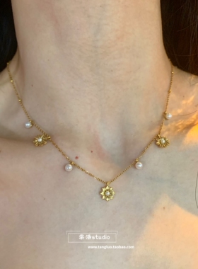 棠洛 金色小雏菊珍珠锁骨链女ins欧美风细项链日常百搭高级感2026