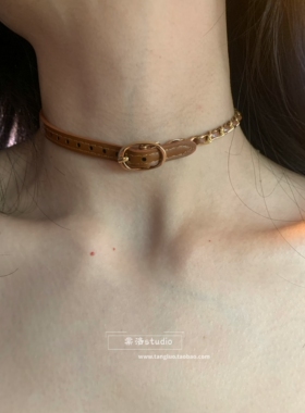 【棠洛】原创 不对称皮扣链条choker颈链女小众复古项圈锁骨链潮