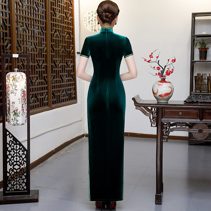 金丝绒旗袍长款七分袖新品旗袍秀走秀演出服中老年妈妈装优雅 - 图1