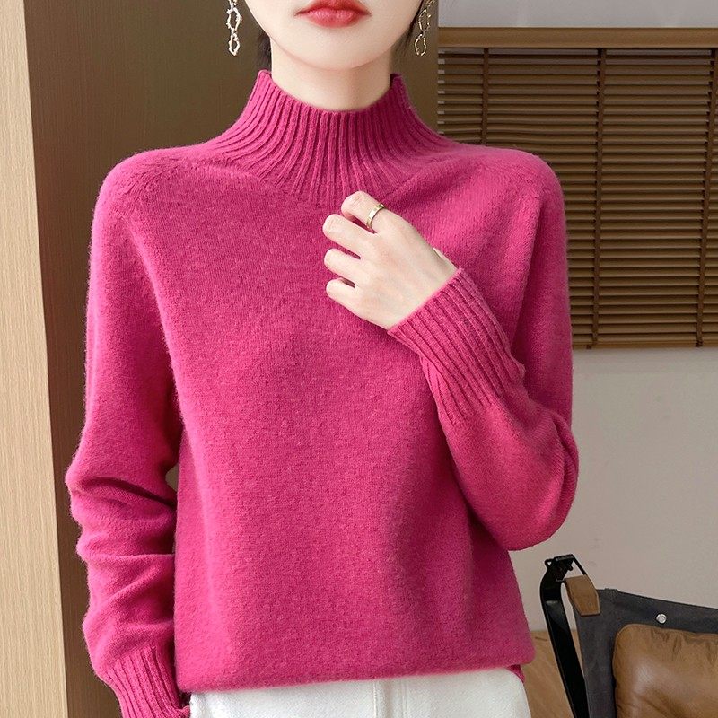 2025秋冬新款纯羊毛半高领长袖针织衫女宽松显瘦百搭毛衣上衣 - 图3