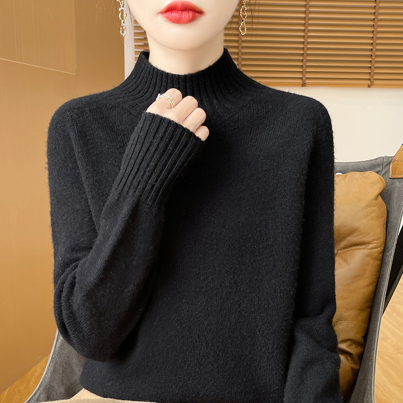 2025秋冬新款纯羊毛半高领长袖针织衫女宽松显瘦百搭毛衣上衣 - 图0