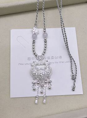 足银999花丝百合花锁大人银锁纯银项链宝宝平安锁流苏女吊坠礼物