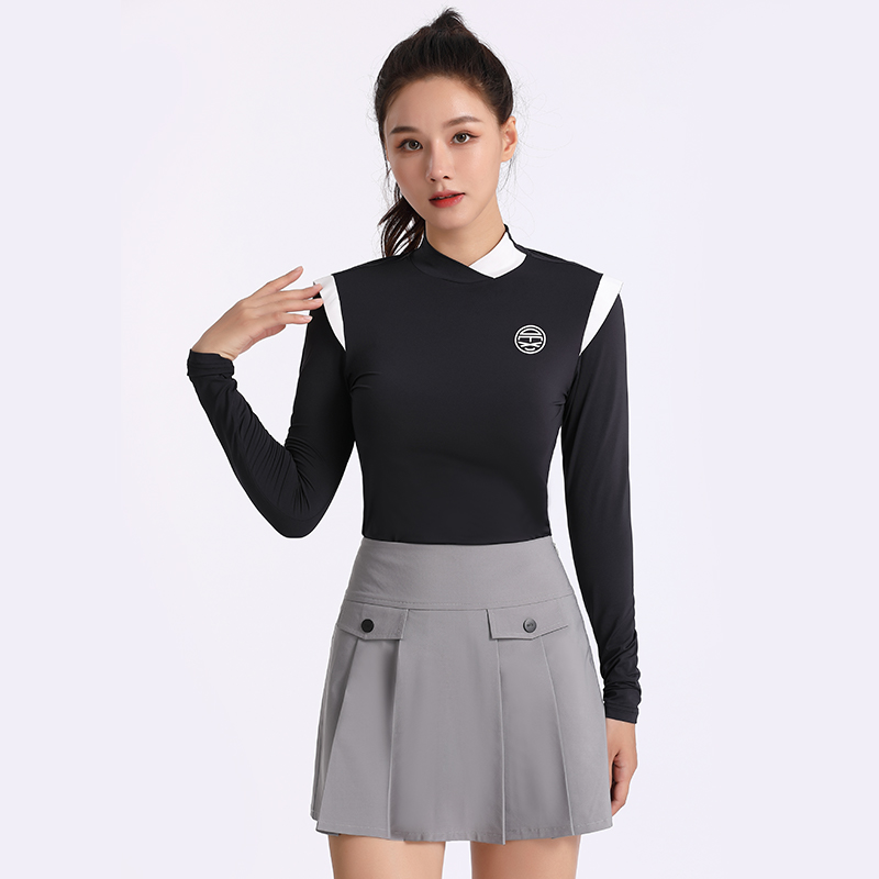 DEXGOLF高尔夫服装女士春夏长袖T恤圆领内搭修身黑色薄款打底衫 - 图2