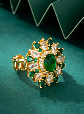巴洛克宫廷风祖母绿花朵锆石戒指