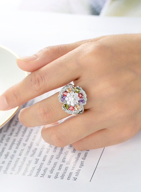超大夸张闪亮七彩花蕊锆石指环