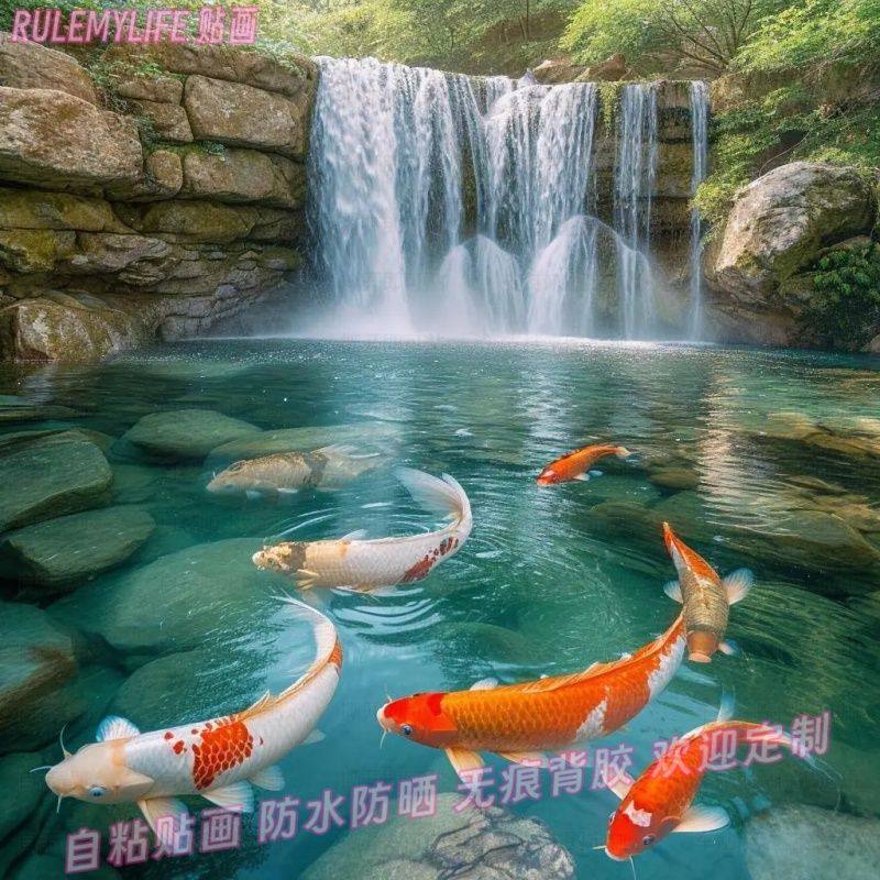锦鲤金鱼山水风景贴纸书房宿舍贴饰墙上新款自粘贴画转运装饰画报,淘宝优惠券,粉丝福利购,淘宝优惠卷