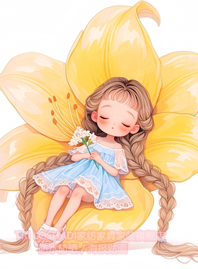 超萌可爱治愈百合花女孩创意贴画