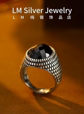 正品S925纯银黑锆石男士戒指开口可调节复古小众风纯银戒指简约