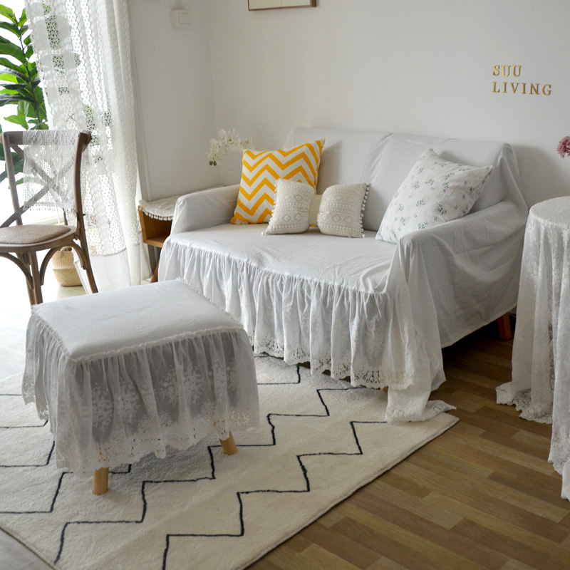 法式北欧清新ins纯棉白色蕾丝荷叶边防尘沙发盖巾盖布料装饰布艺 - 图2