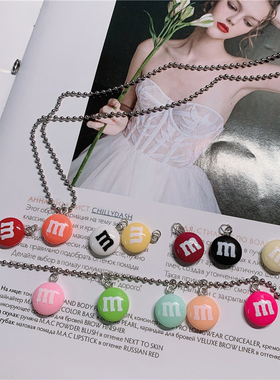钛钢圆珠链M巧克力豆项链日韩软妹甜美可爱糖果小手链小吊坠圆形