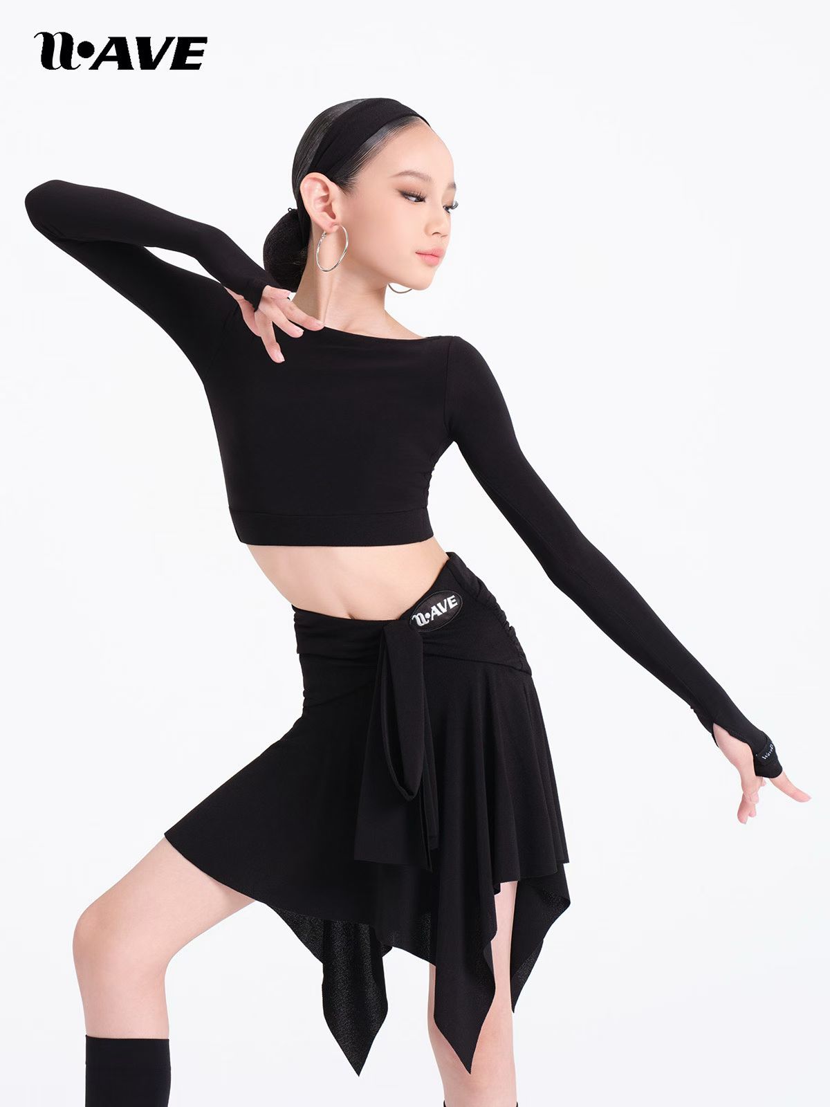 wave舞服未午少儿拉丁舞跃动之芒秋冬分体长袖明黄绿绑带练习服 - 图0