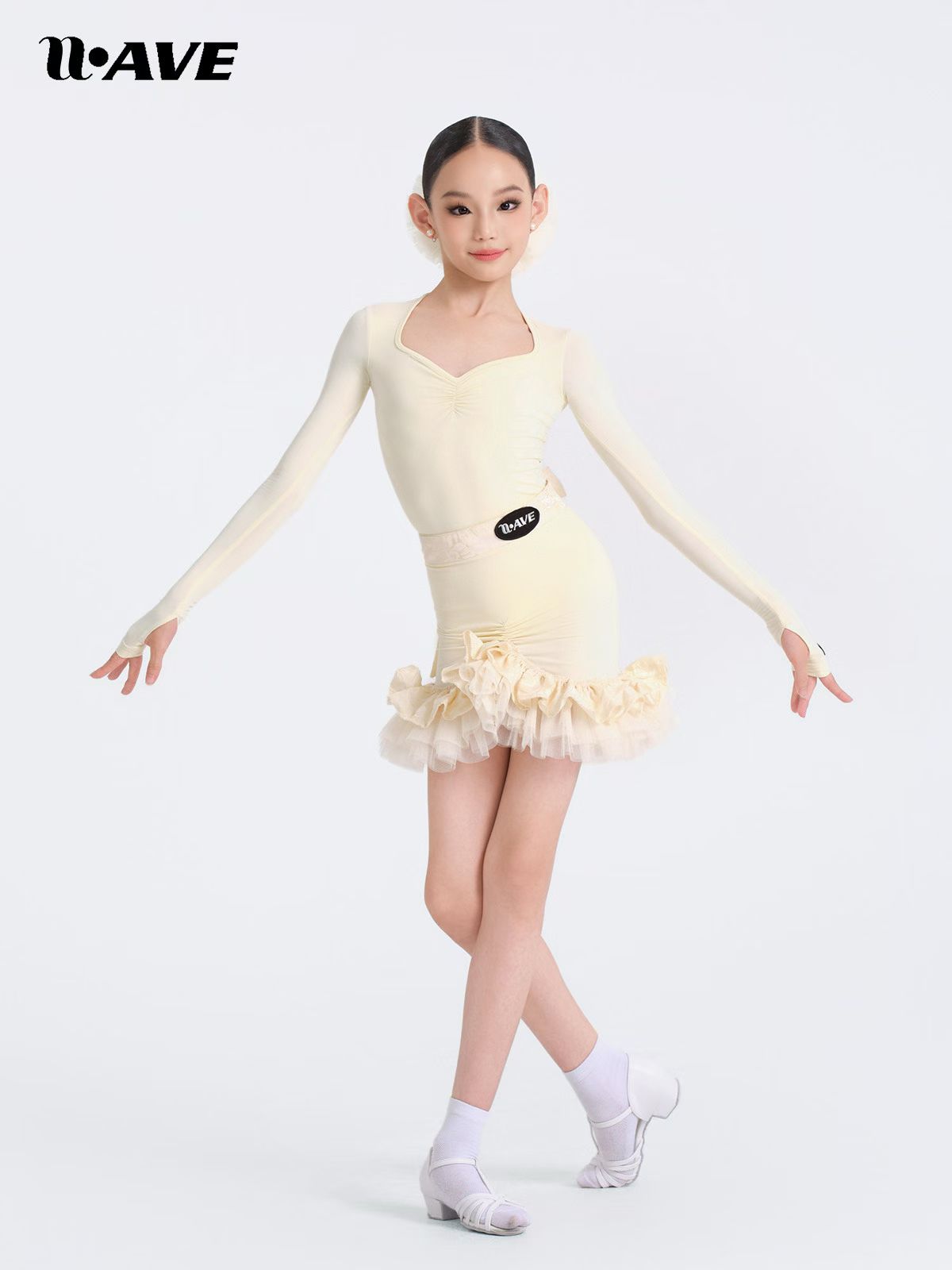 wave未午舞服少儿拉丁舞秋冬花予香颂长袖精致女童跳舞蕾丝方领 - 图1