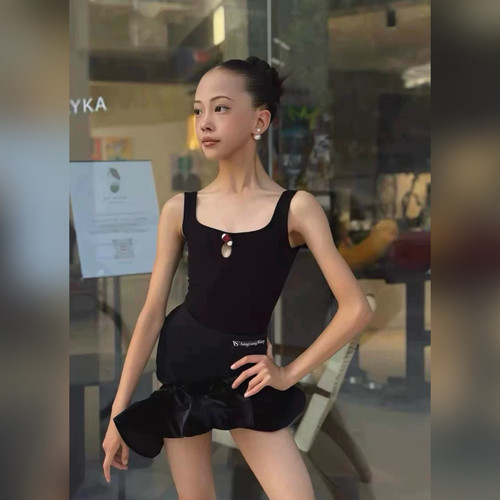 sswang舞服少儿拉丁舞送你一朵小红花吊带螺纹无袖上衣练习服女童 - 图0