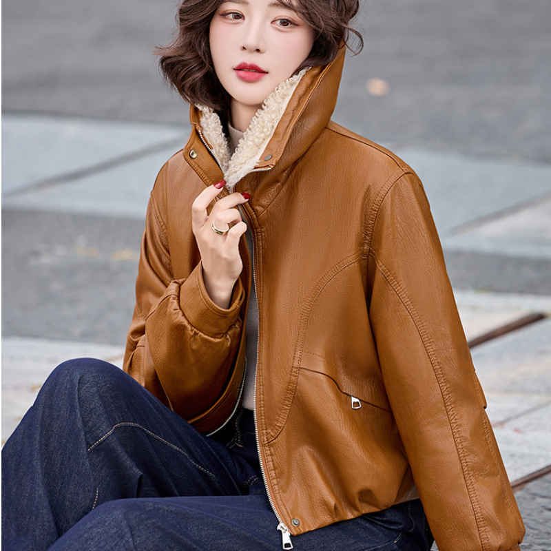 加绒加厚皮衣外套女短款2025冬新款大翻领羊羔毛拼接保暖复古上衣,淘宝优惠券,粉丝福利购,淘宝优惠卷