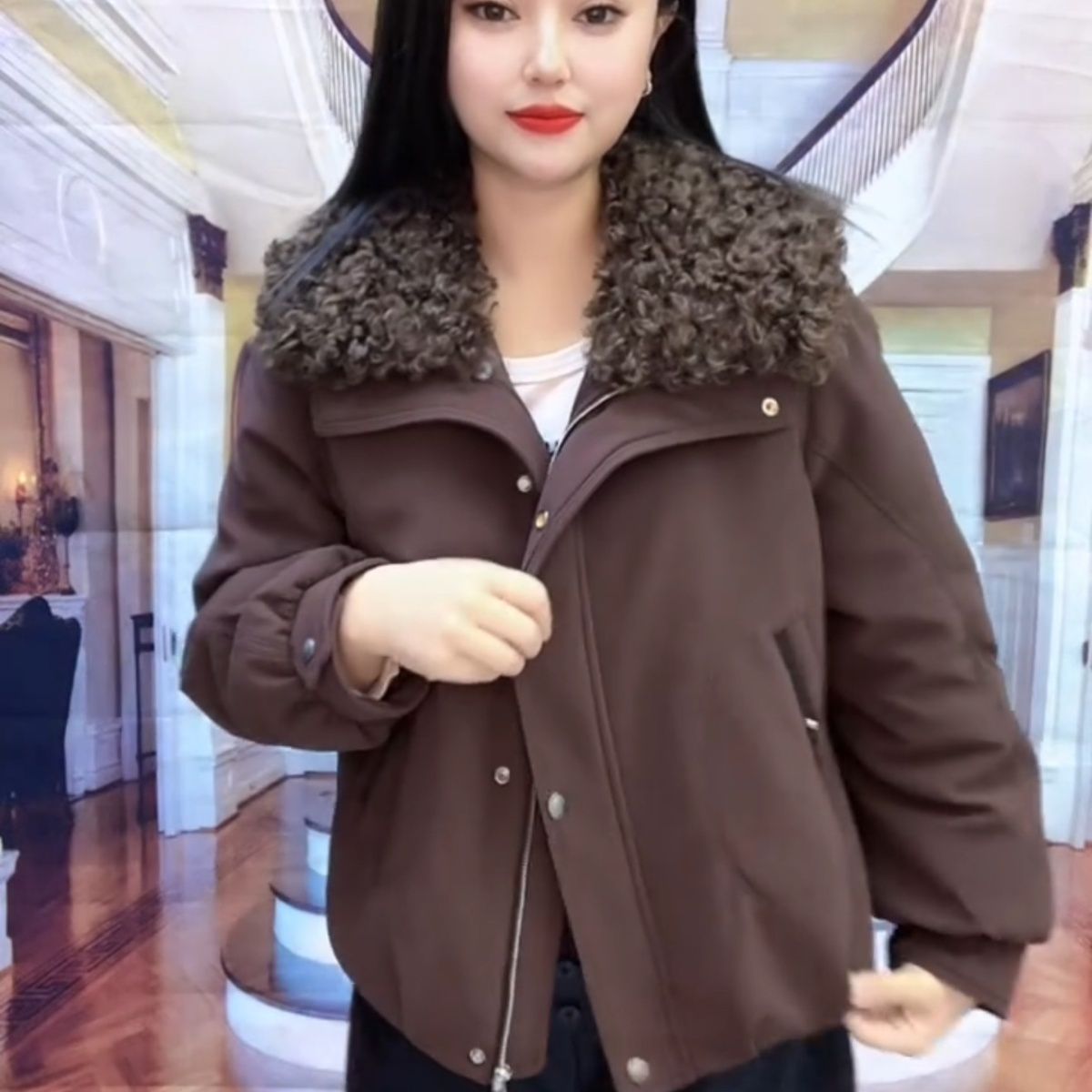 大翻领羊羔冬季羽绒服时尚新款保暖加绒加厚羽绒外套洋气减龄女装 - 图2