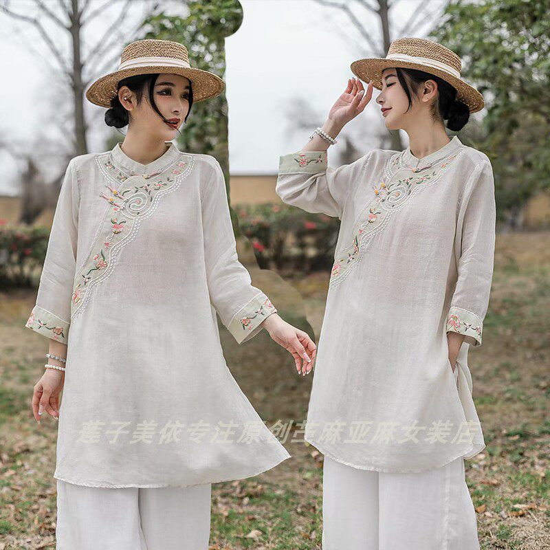 100%纯苎麻高端女夏薄款中长款衬衫立领盘扣刺绣中国风斜襟民族风