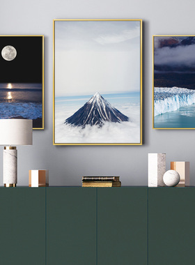 北欧风月亮大海雪山冰川蓝色海景风景装饰画酒店会所无框挂画壁画