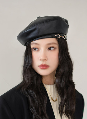 疯帽子贝雷帽逛街复古女PU皮