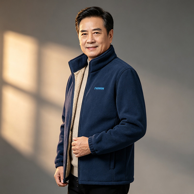 New autumn and winter fleece jacket for men, color-blocked polar fleece, thickened and warm, middle-aged and elderly tops, windproof coats, gray jackets