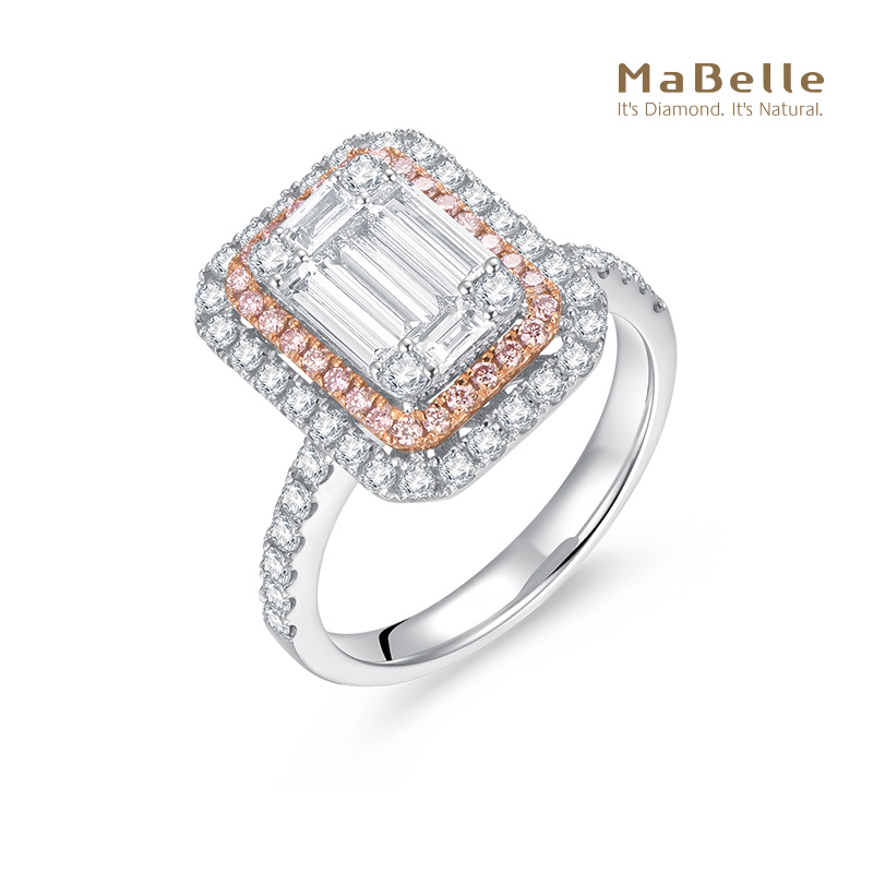 MaBelle/玛贝尔18K红白金 长方形钻石 粉钻拼镶豪华款钻石戒指 - 图0