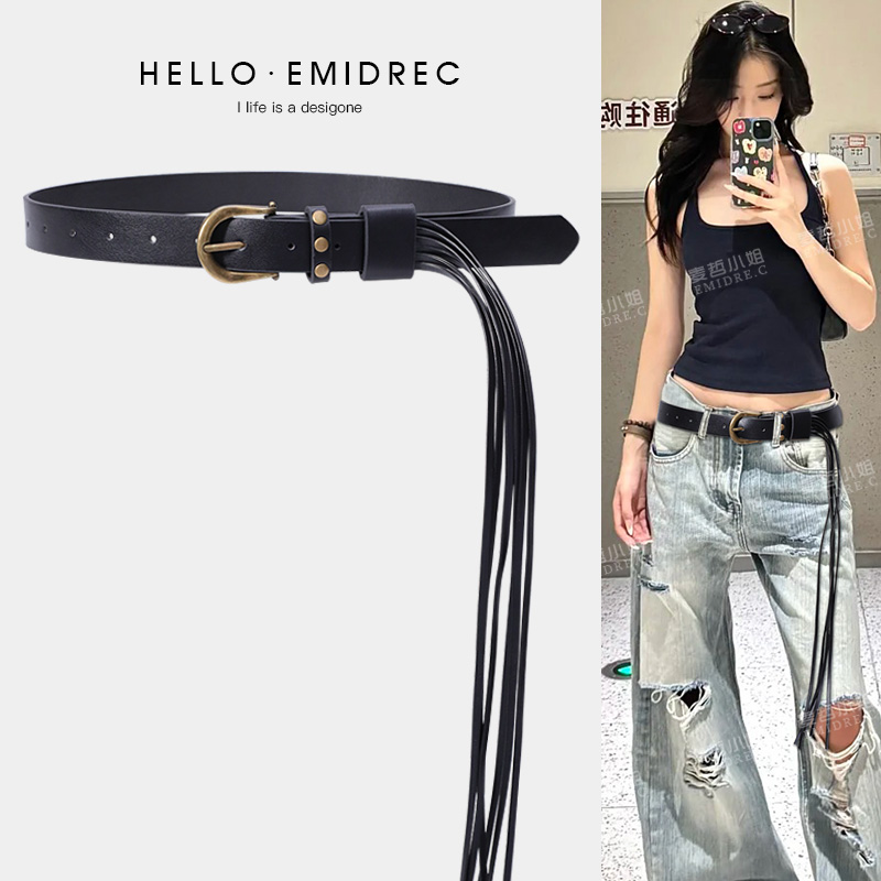 皮带女款宽编织铆钉流苏腰部装饰腰带配饰配牛仔裤波西米亚黑色 - 图0