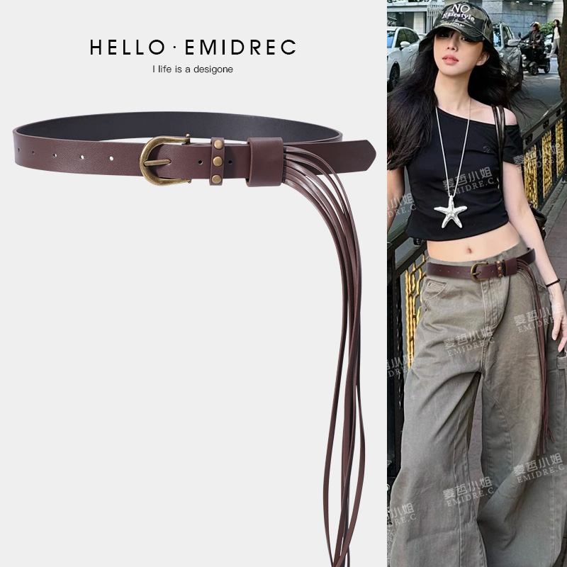 皮带女款宽编织铆钉流苏腰部装饰腰带配饰配牛仔裤波西米亚黑色 - 图2