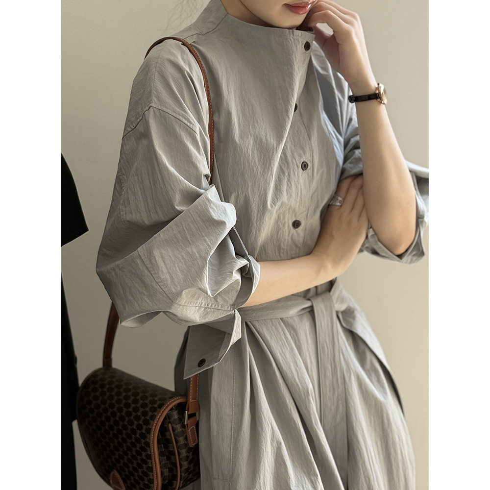 秋季巨好看的立领腰带衬衫连衣裙女长款高个子高级韩系氛围感外套