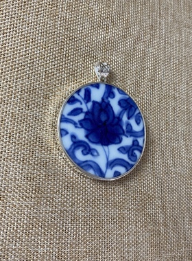 古瓷首饰 青花瓷吊坠 老瓷片挂件 925银 手工饰品 简约流行 男女