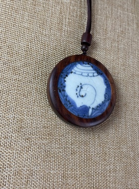 古瓷首饰 青花瓷吊坠 老瓷片挂件 小叶紫檀 饰品配饰 流行 男女