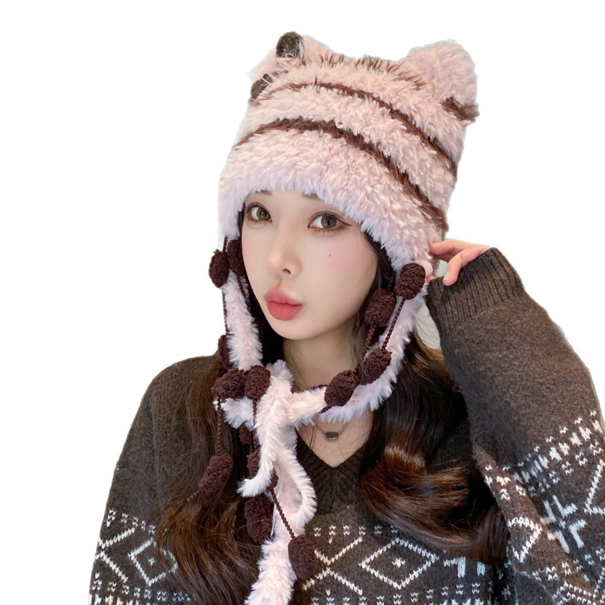 香港潮牌 25年秋冬新款亚比风猫耳仿兔毛绒帽子保暖条纹女款撞色,淘宝优惠券,粉丝福利购,淘宝优惠卷