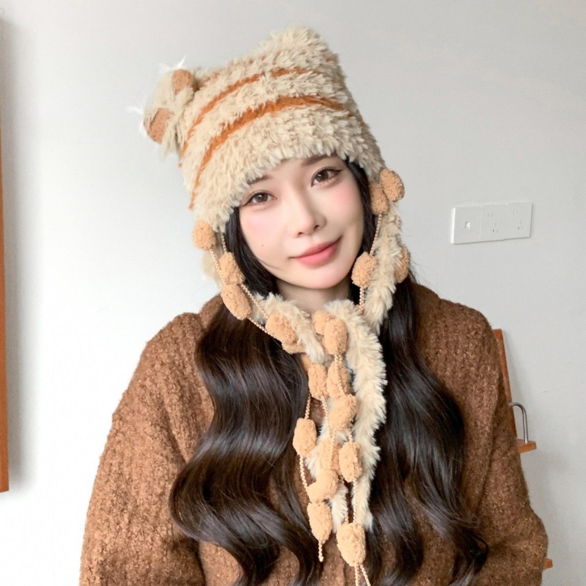 香港潮牌 25年秋冬新款亚比风猫耳仿兔毛绒帽子保暖条纹女款撞色,淘宝优惠券,粉丝福利购,淘宝优惠卷