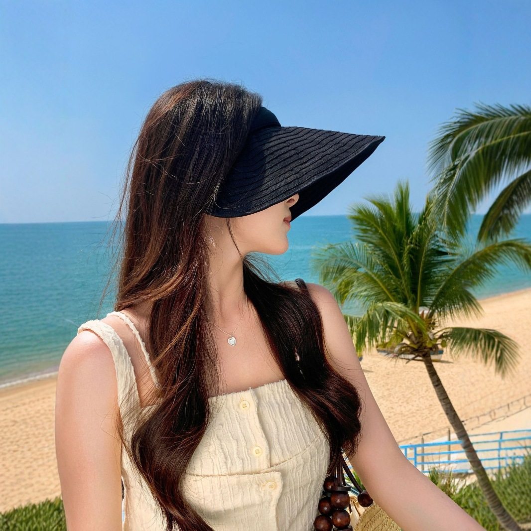 香港潮牌 发箍款纯色螺纹织带大帽檐空顶帽2025新款防晒帽显脸小,淘宝优惠券,粉丝福利购,淘宝优惠卷
