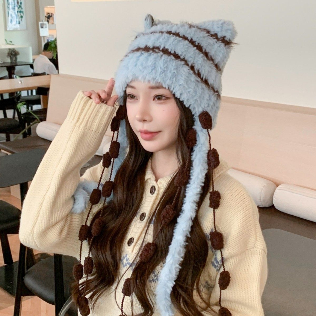 香港潮牌 25年秋冬新款亚比风猫耳仿兔毛绒帽子保暖条纹女款撞色,淘宝优惠券,粉丝福利购,淘宝优惠卷