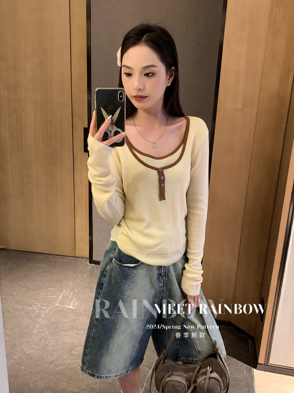 MEET RAINBOW设计感小众撞色方领针织衫女早春24新款修身显瘦上衣 - 图3