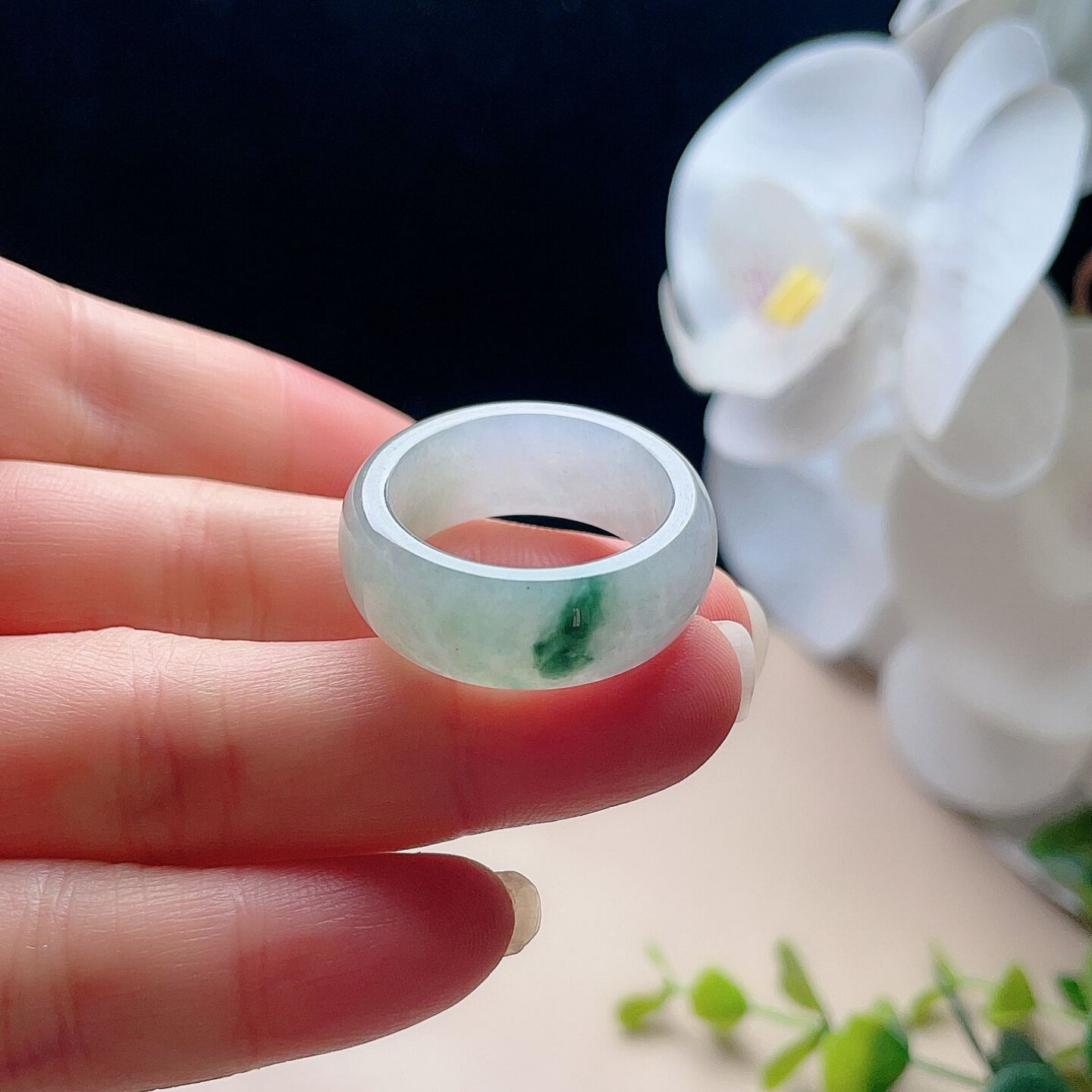 Natural jadeite wide edge ring milky white and light green fresh