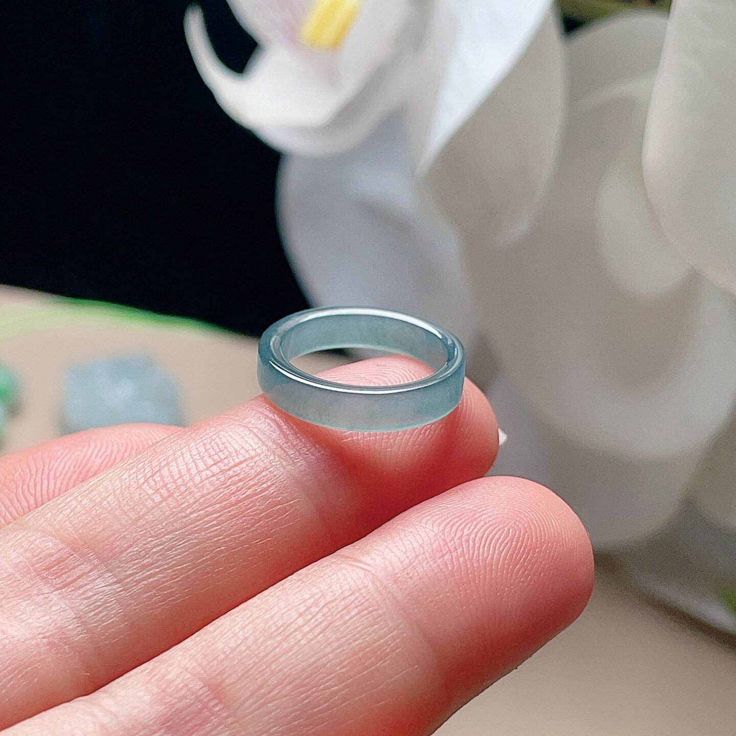 Natural jade square ring, blue and green small jade ring, fresh