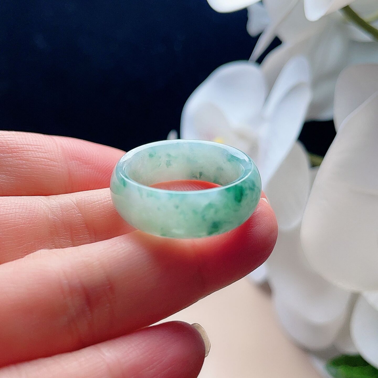 Natural jadeite wide edge ring milky white light green spinach green