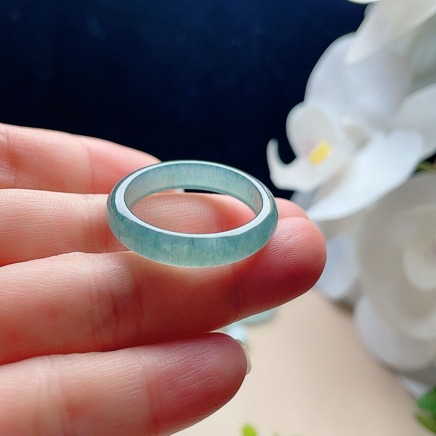 Natural jade ring blue and green floating flowers fresh jade ring