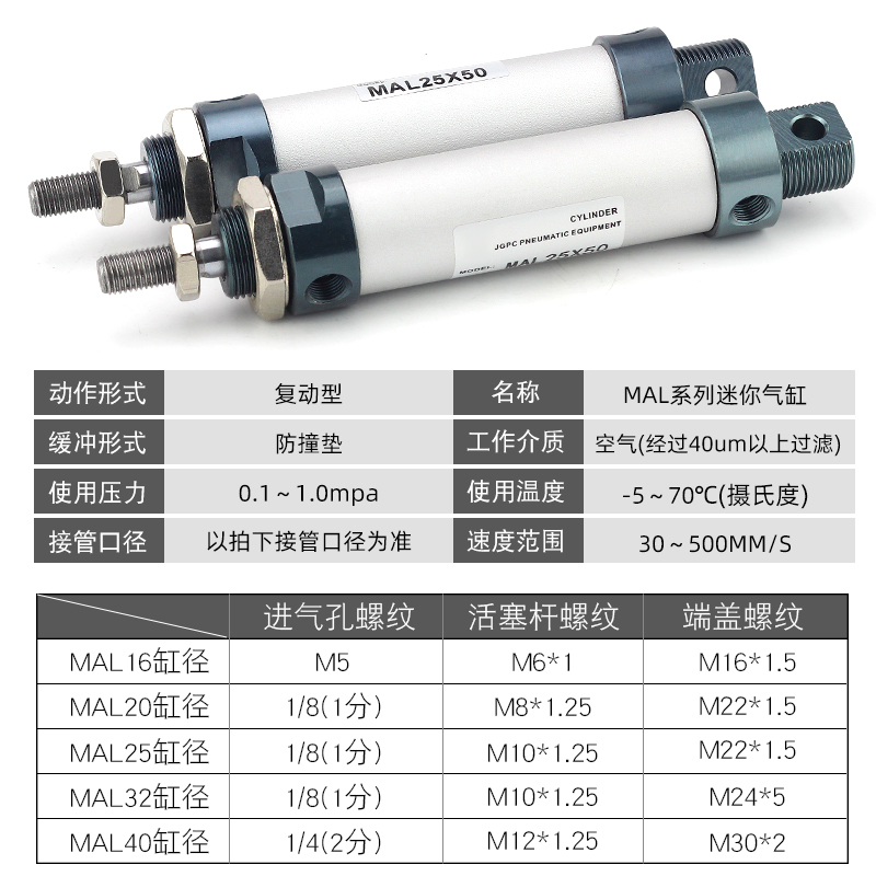 大推力小型气动铝合金迷你气缸MAL16/20/25/32/40-25-100-50-75CA - 图1