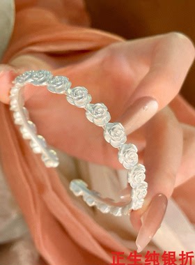 玫瑰花开口纯银手镯女简约百搭