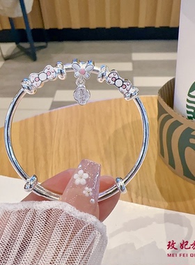 双蝴蝶结珐琅纯银手镯女百搭时尚