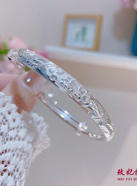 莲花平安福银手镯女简约百搭时尚