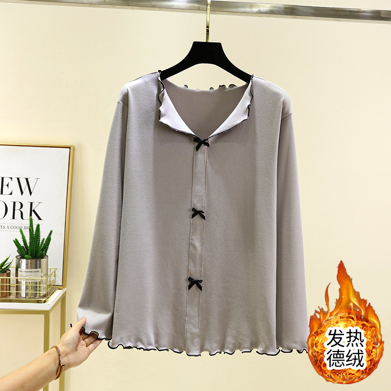德绒翻领蝴蝶结上衣女冬季加厚保暖睡衣上装居家大码加绒长袖T恤,淘宝优惠券,粉丝福利购,淘宝优惠卷