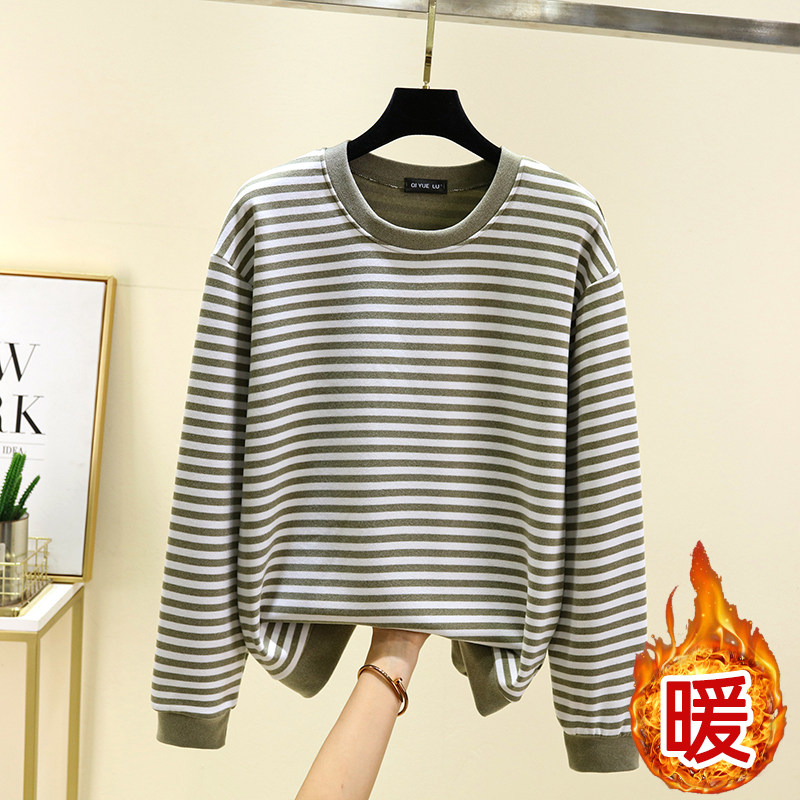 女士德绒圆领条纹睡衣上装冬季加厚长袖T恤休闲大码加绒宽松上衣,淘宝优惠券,粉丝福利购,淘宝优惠卷